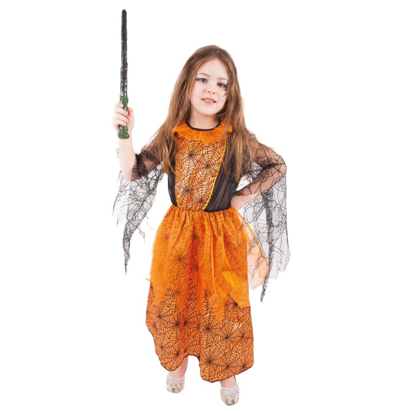 Dětský kostým - čarodějnice oranžová pavučinka - M (85-D)