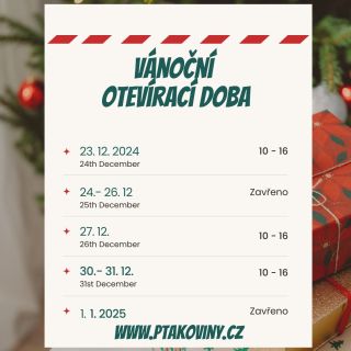 🎄 Vánoční pracovní doba 🎄 Rádi bychom vás informovali, že máme zavřeno pouze ve svátky 24.–26. 12. a 1. 1. Jinak jsme vám...